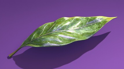 A luminous green leaf lies on a captivating violet background casting shadow