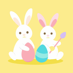 Obraz premium Pastel Easter Bunnies Painting Eggs, Festive Spring Joy cute card bunny happy 