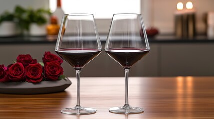 Elegant glasses filled with red wine and adorned with roses on wooden table