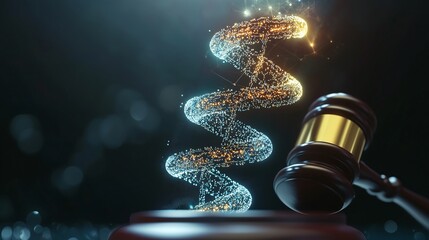 A stunning fusion of law and science, featuring a gavel beside a spiraling DNA strand of sparkling lights. Symbolyzing bioethics, genetic law, biological identity, DNA traceability