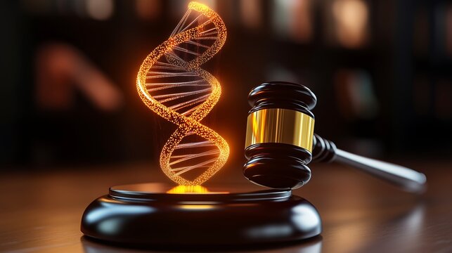 A glowing DNA helix beside a judge's gavel symbolizes the intersection of law and genetics.