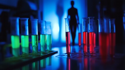 Silhouette of a scientist against vibrant colored liquids in test tubes, creating a dramatic atmosphere.