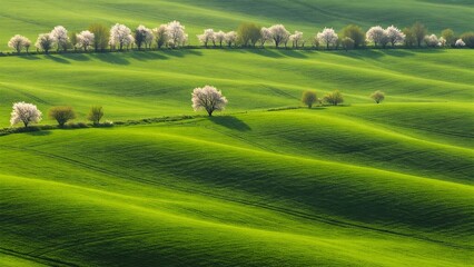 Fototapeta premium Gentle green hills adorned with blooming trees create a serene landscape under soft sunlight, casting delicate shadows.