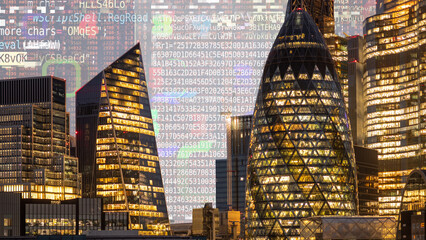 london skyline with computer code and data
