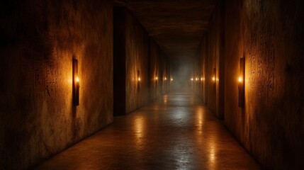 Obraz premium An enchanting passageway adorned with hieroglyphic symbols, softly illuminated to create a compelling blend of light, shadow, and ancient mystery, inviting the viewer to explore.