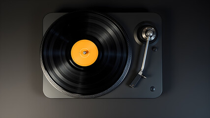 Modern vinyl record player with disc on black background, top view. Space for text. Generative AI