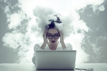 Young woman struggles with brain fog while trying to work at her laptop in a modern workspace