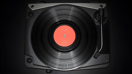 Modern vinyl record player with disc on black background, top view. Space for text. Generative AI