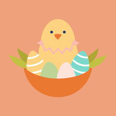 Fototapeta premium Adorable Easter Chick in Nest with Colorful Eggs cute card happy bunny spring 