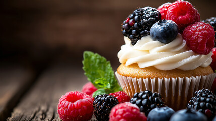 Freshly Baked Cupcakes with Berries and Creamy Frosting