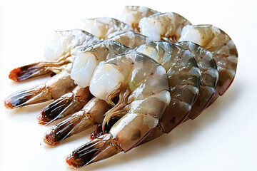 Fresh raw shrimp with translucent shells arranged neatly on a white background for culinary presentation