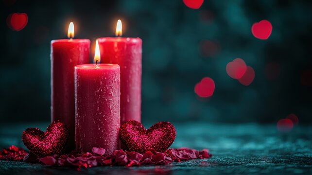 Glowing cluster of red candles with hearts romantic setting decorative image soft lighting cozy atmosphere - Powered by Adobe