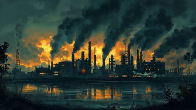Depictive Painting of a Polluted Factory by a River