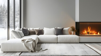 Fototapeta premium White corner sofa near fireplace. Scandinavian home interior design of modern living room