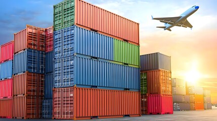 Global Logistics Concept Shipping Containers and a Jet Plane Flying Diagonally in an Industrial Harbor at Sunset