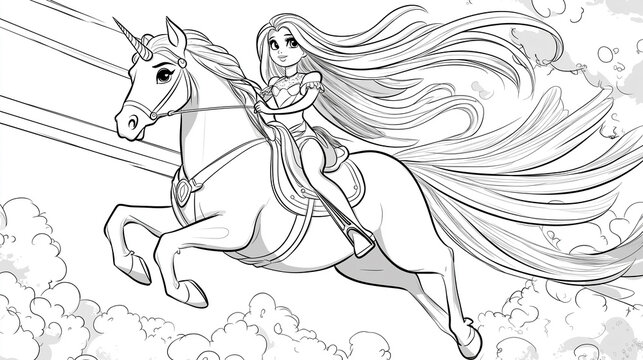 Black and white girl riding a unicorn line art for kids coloring