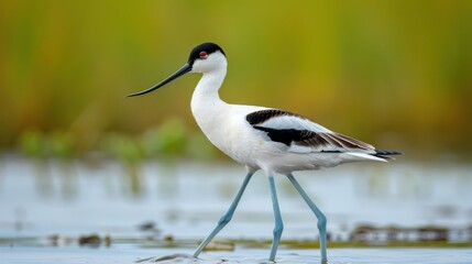 Obraz premium Elegant black and white bird wading through shallow water in a vibrant natural habitat