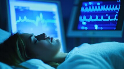 Person sleeping peacefully in a dark room with soft blue light from a sleep monitoring device, surrounded by medical equipment and charts, symbolizing sleep research and health technology.