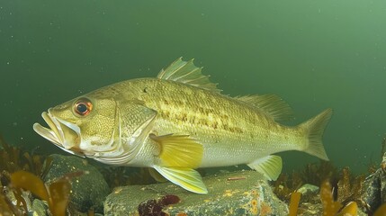 Fototapeta premium Underwater view of a large bass fish swimming among seaweed and rocks in a serene aquatic environment