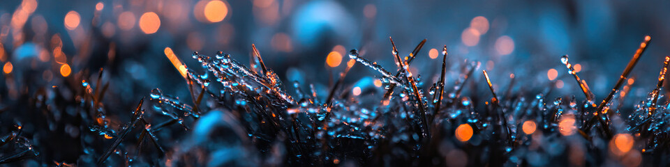 Frost-Covered Grass Blades with Out-of-Focus Lights