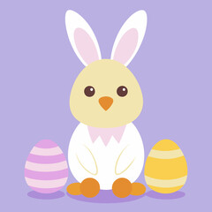 Adorable Easter Chick in Bunny Ears Beside Colorful Eggs cute farm baby bird card