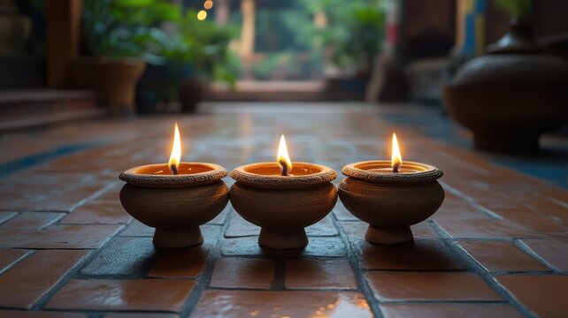 Diwali celebration with traditional vedic decorations indoor environment festive atmosphere joyful viewpoint