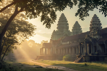 Obraz premium A serene view of ancient temples at sunrise, surrounded by lush greenery, with soft light filtering through the trees.