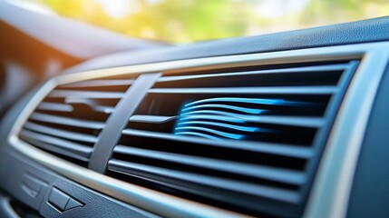 Car Air Vent with Blue Air Flow Graphic. Modern Vehicle Inside, Climate Control, Freshness