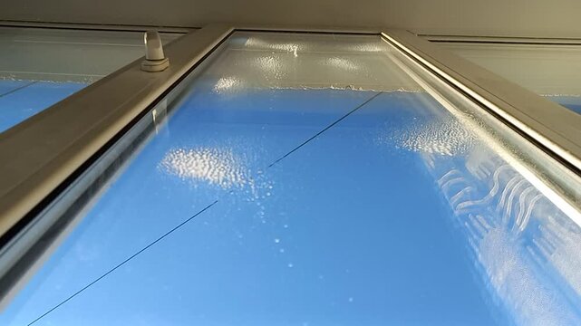 A hand carefully wipes the window using a glass cleaner, leaving the surface perfectly clean and transparent.