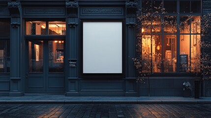 Black storefront with empty sign mockup in old city setting, showcasing vintage architecture at night with warm interior lighting