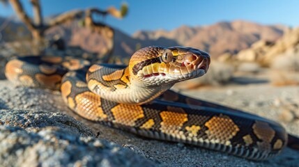 Fototapeta premium Close-up of a vibrant snake slithering across sandy terrain in a desert landscape under clear skies