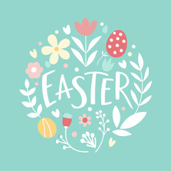 Hand-Drawn Floral Easter Greeting Card Design, Happy Easter! eggs cute bunny    