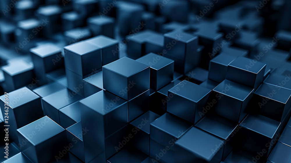 Poster 3D abstract cubic structure in dark blue, showcasing geometric shapes and modern art elements, creating sense of depth and dimension in futuristic design