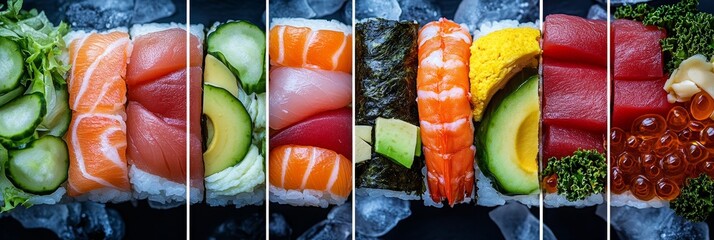Sushi. Variety of nigiri sushi, Japanese food, raw salmon, tuna, and avocado on ice, close up
