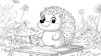 Black and white hedgehog with mushrooms line art for kids coloring