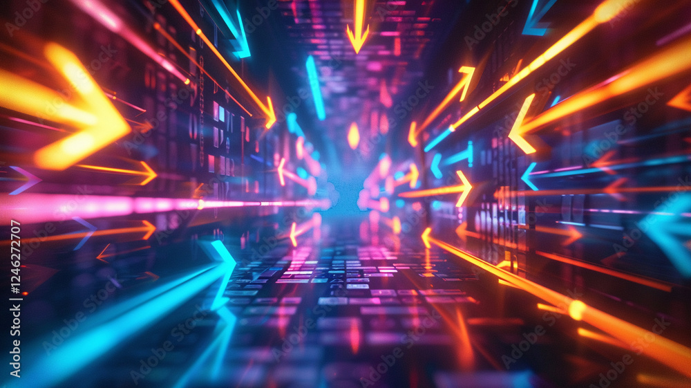 Poster Bright arrows in virtual space represent rapid digital traffic and information flow, creating abstract concept of directional data movement