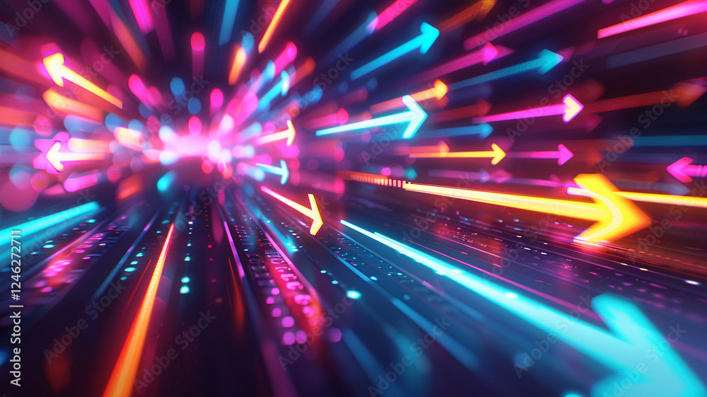 Poster Bright arrows in vibrant colors create abstract concept of directional data flow, symbolizing rapid digital traffic and flow of information in virtual space