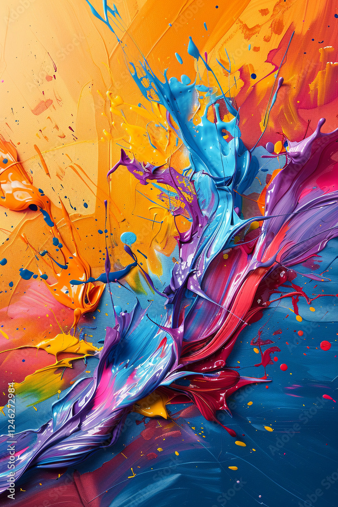 Poster artistic canvas comes alive with splashes of vivid paint and abstract forms, creating explosion of color that captivates and challenges imagination