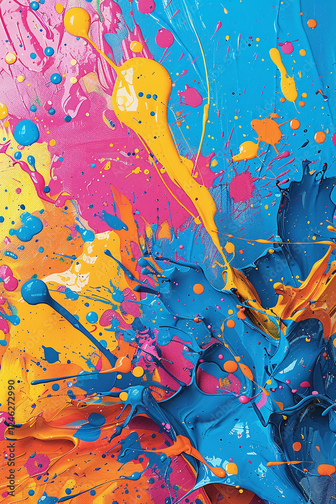 Poster artistic canvas comes alive with splashes of vivid paint and abstract forms, creating explosion of color that captivates and challenges imagination