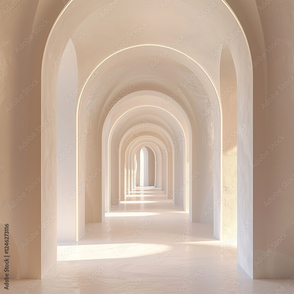 Aufkleber ethereal white hallway with soft curves leading into labyrinth of calm and contemplation, creating s