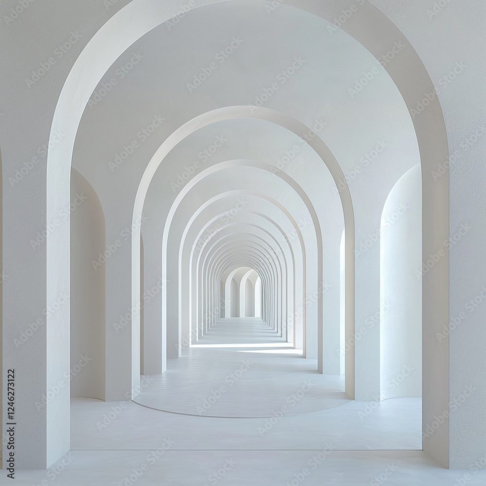Aufkleber ethereal white hallway with soft curves and arches leading into serene labyrinth of calm and contemp