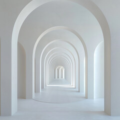 ethereal white hallway with soft curves and arches leading into serene labyrinth of calm and contemplation, creating otherworldly atmosphere