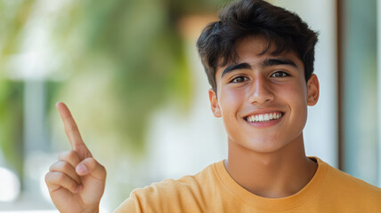 Smiling young man pointing upward in a bright outdoor setting lifestyle image positive vibes
