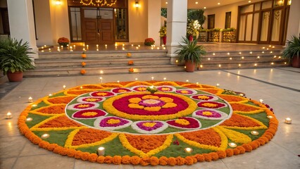 Marigold Flower rangoli Design for Diwali Festival , Indian Festival flower decoration