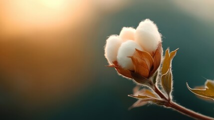 Fototapeta premium This captivating close-up image of cotton blossoms showcases their soft texture illuminated by warm sunset lighting, presenting a harmonious blend of nature and artistry that inspires calmness.