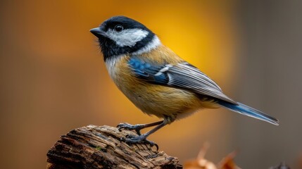 Obraz premium Small colorful bird perched on a log with a blurred warm background showcasing nature's beauty