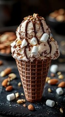 Rocky road ice cream delight on a chocolate cone with nuts and drizzle