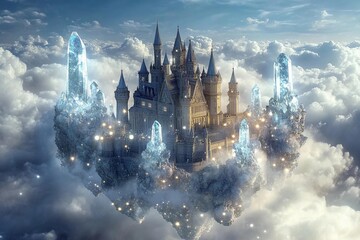 Naklejka premium Majestic floating crystal castle surrounded by clouds and stars in a magical landscape