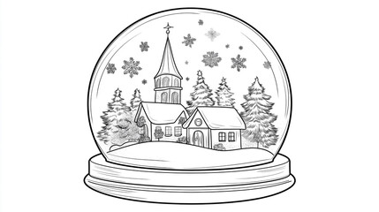 Naklejka premium Black and white Christmas scene in a snow globe line art for kids coloring