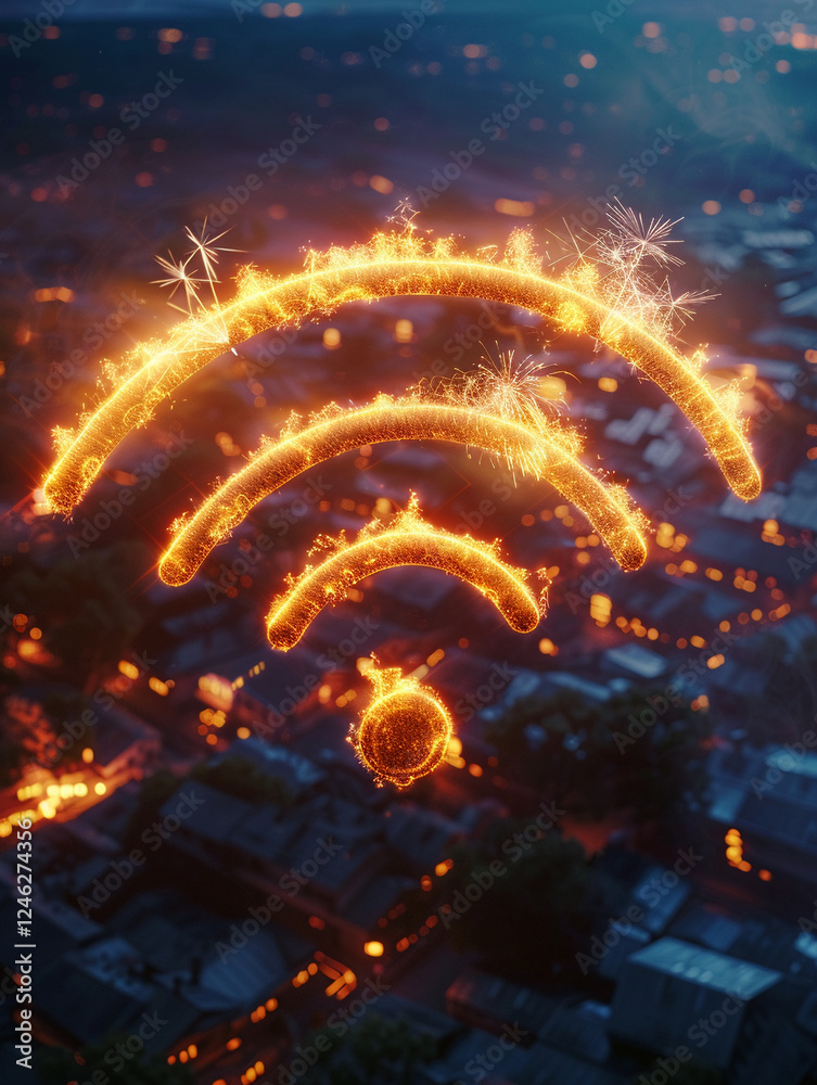 Poster glowing firework in form of wifi symbol brilliantly illuminates dark digital landscape, symbolizing 